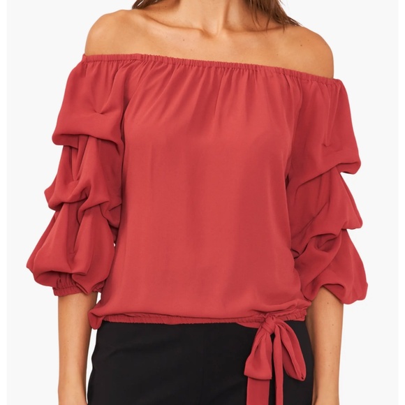 Vince Camuto Off-The-Shoulder Bubble Sleeve Blouse Red Pear Size Petite … - Picture 1 of 12